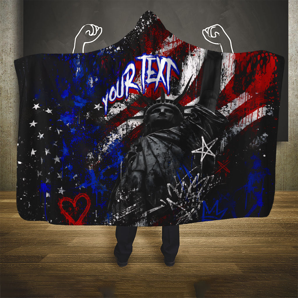 Personalized America New York Statue Of Liberty Hooded Blanket Dark Grunge American Flag Graffiti Street Art