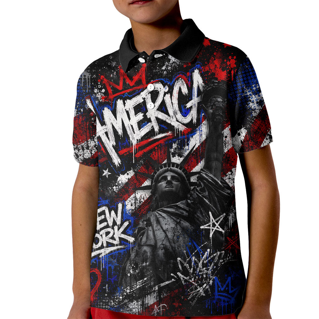 Personalized America New York Statue Of Liberty Kid Polo Shirt Dark Grunge American Flag Graffiti Street Art