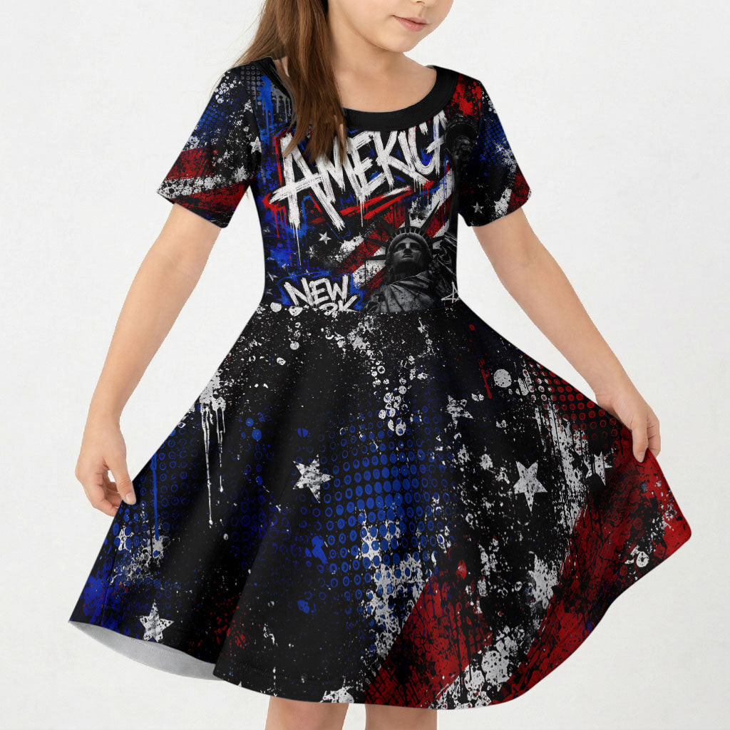 Personalized America New York Statue Of Liberty Kid Short Sleeve Dress Dark Grunge American Flag Graffiti Street Art