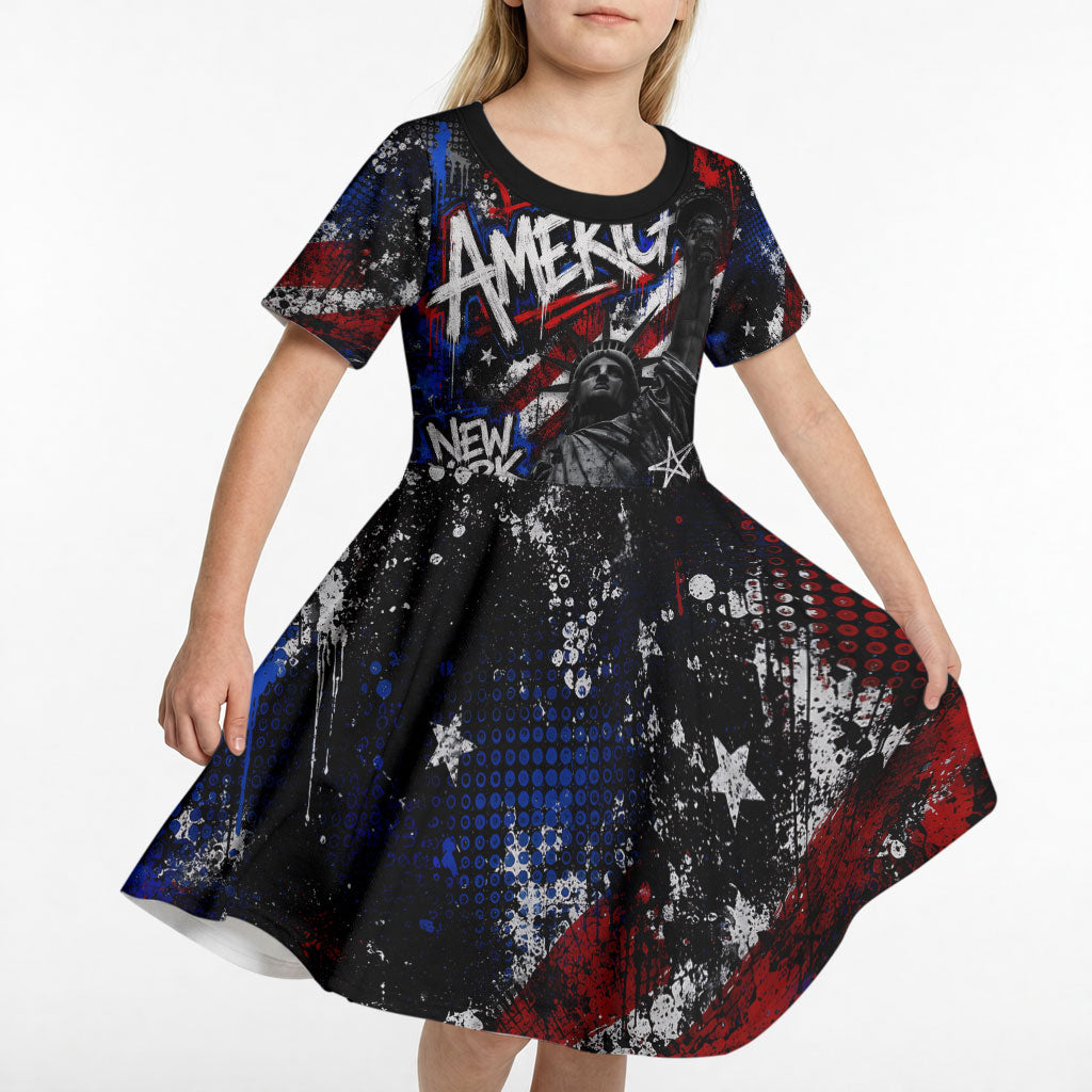 Personalized America New York Statue Of Liberty Kid Short Sleeve Dress Dark Grunge American Flag Graffiti Street Art