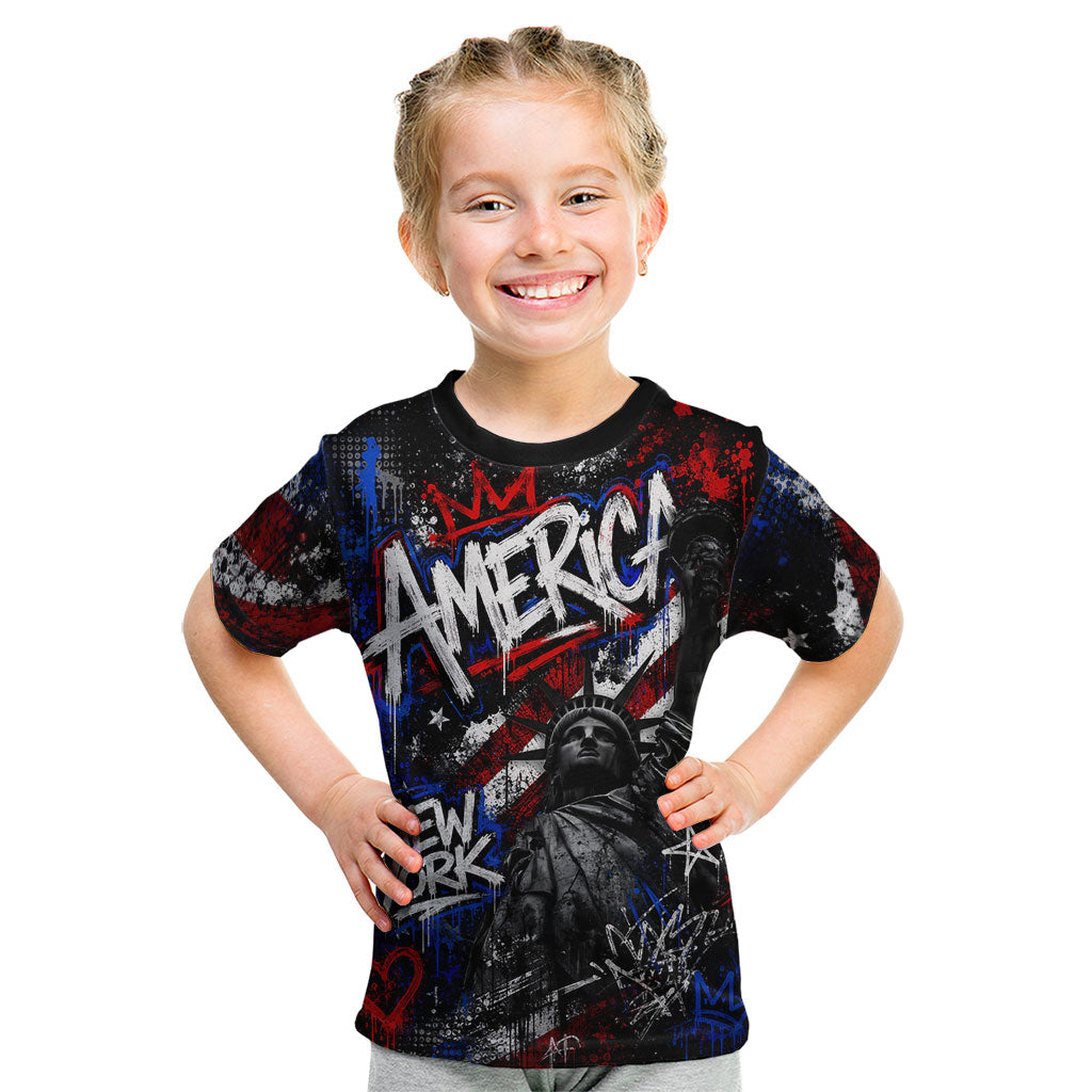 Personalized America New York Statue Of Liberty Kid T Shirt Dark Grunge American Flag Graffiti Street Art