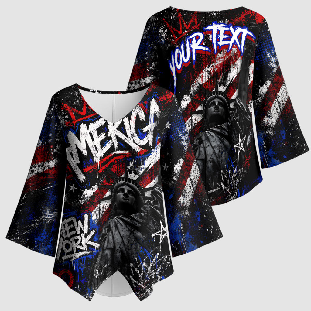 Personalized America New York Statue Of Liberty Kimono Sleeve Blouse Dark Grunge American Flag Graffiti Street Art