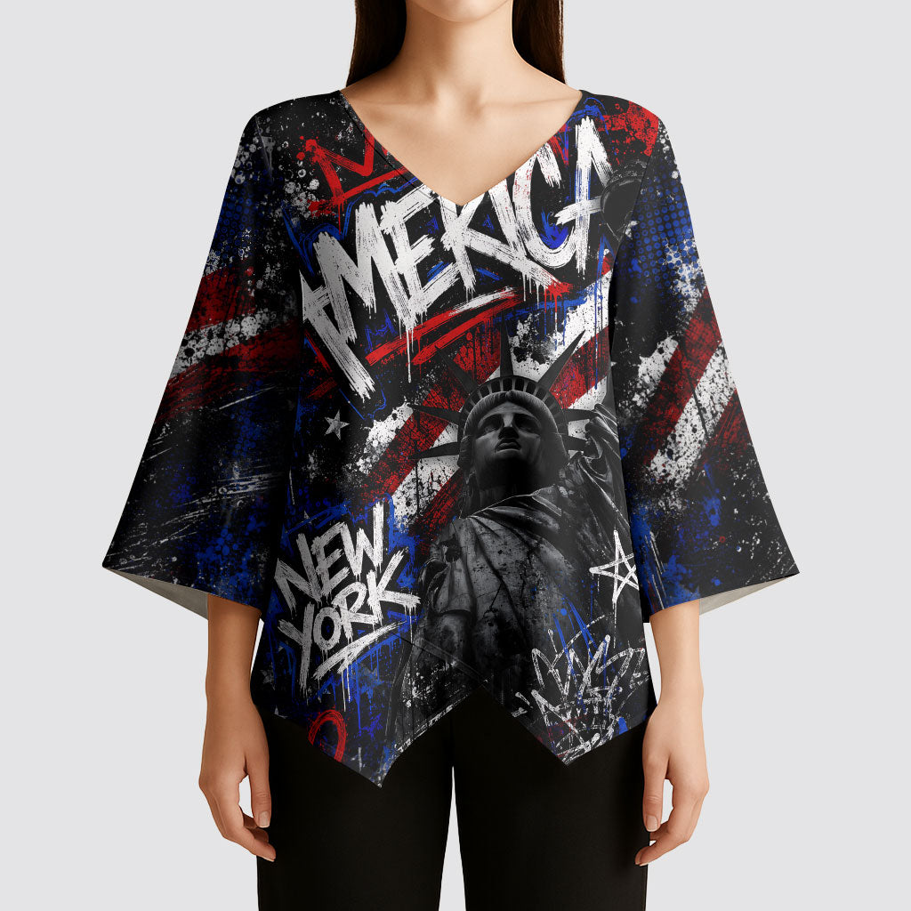 Personalized America New York Statue Of Liberty Kimono Sleeve Blouse Dark Grunge American Flag Graffiti Street Art