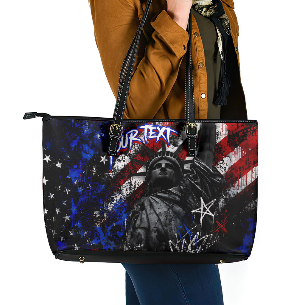 Personalized America New York Statue Of Liberty Leather Tote Bag Dark Grunge American Flag Graffiti Street Art