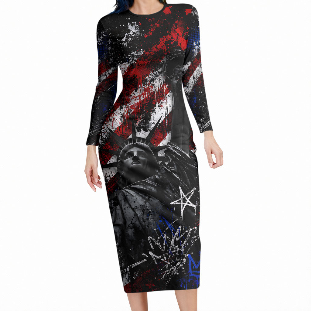 Personalized America New York Statue Of Liberty Long Sleeve Bodycon Dress Dark Grunge American Flag Graffiti Street Art