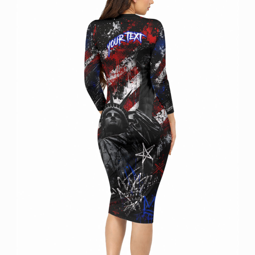 Personalized America New York Statue Of Liberty Long Sleeve Bodycon Dress Dark Grunge American Flag Graffiti Street Art