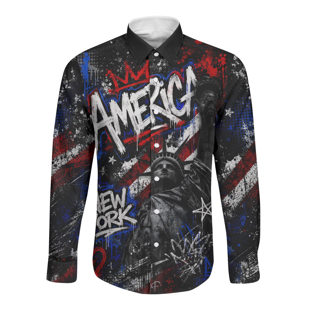 Personalized America New York Statue Of Liberty Long Sleeve Button Shirt Dark Grunge American Flag Graffiti Street Art