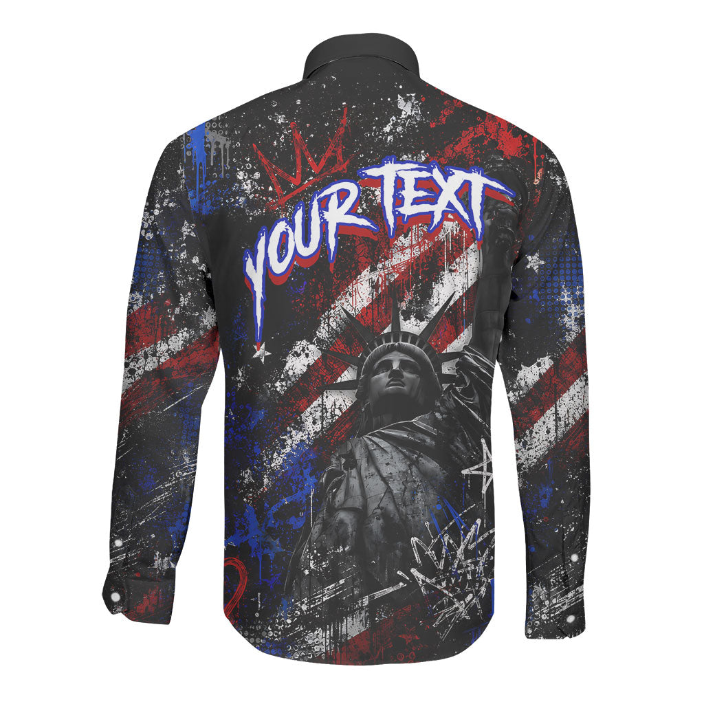 Personalized America New York Statue Of Liberty Long Sleeve Button Shirt Dark Grunge American Flag Graffiti Street Art