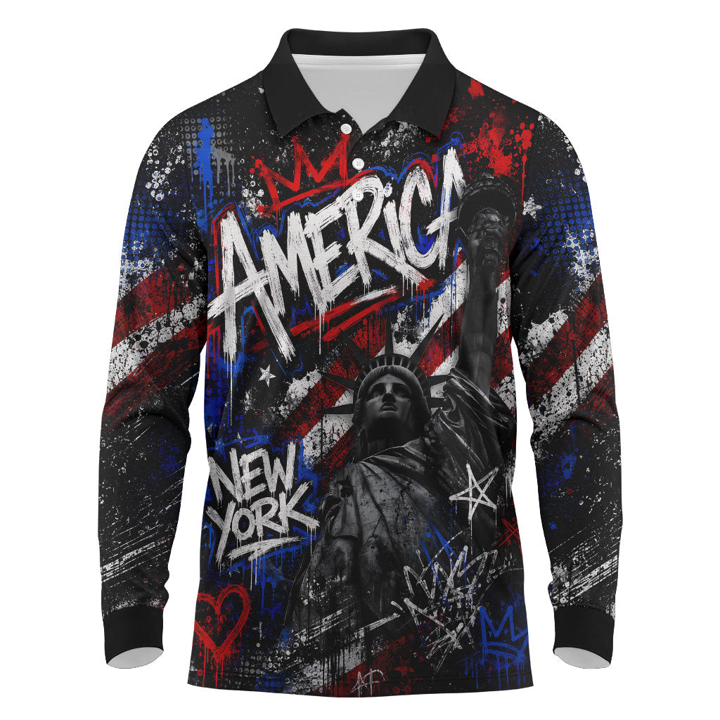 Personalized America New York Statue Of Liberty Long Sleeve Polo Shirt Dark Grunge American Flag Graffiti Street Art