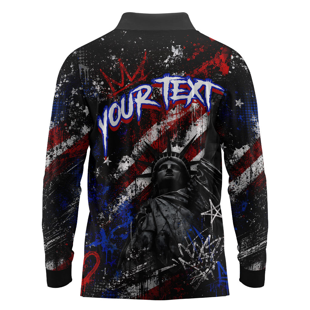 Personalized America New York Statue Of Liberty Long Sleeve Polo Shirt Dark Grunge American Flag Graffiti Street Art