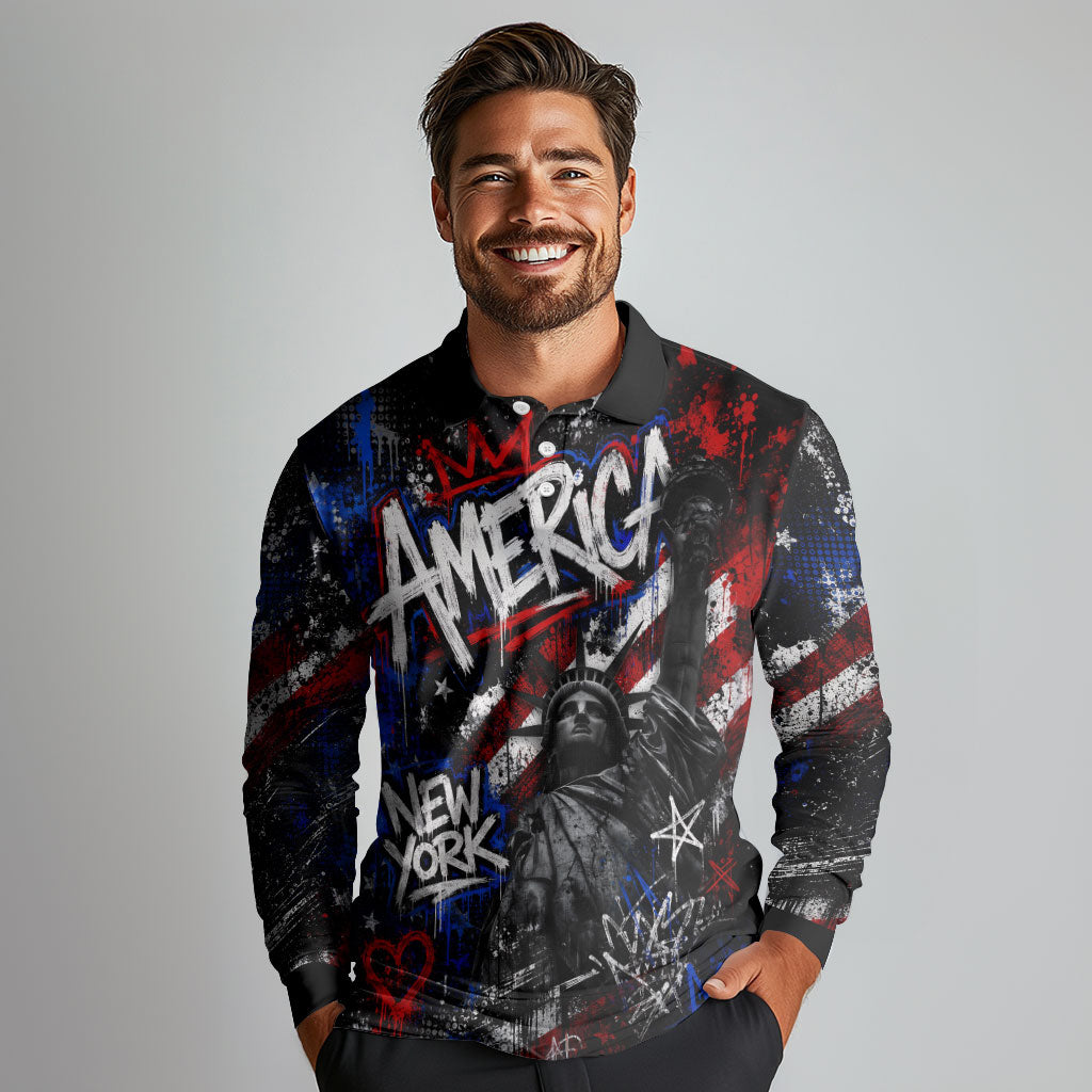 Personalized America New York Statue Of Liberty Long Sleeve Polo Shirt Dark Grunge American Flag Graffiti Street Art