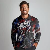 Personalized America New York Statue Of Liberty Long Sleeve Polo Shirt Dark Grunge American Flag Graffiti Street Art