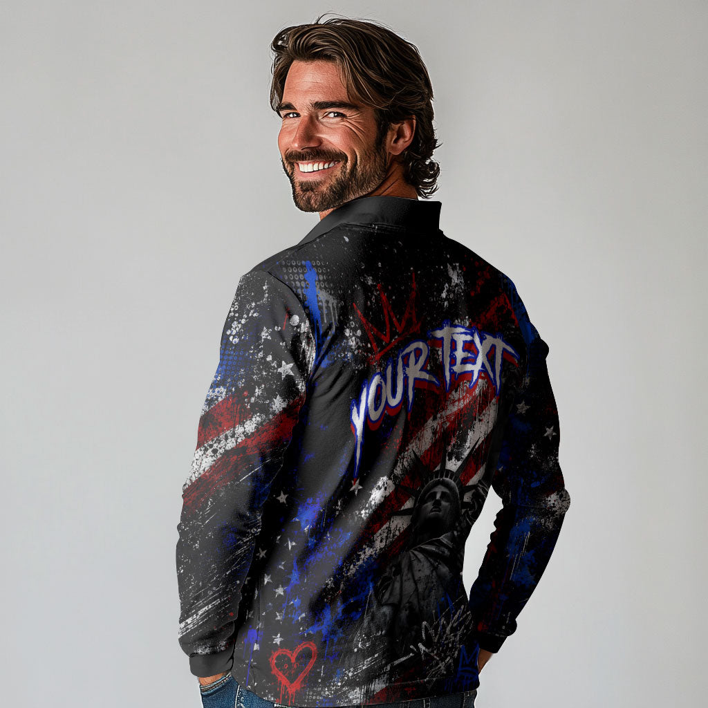 Personalized America New York Statue Of Liberty Long Sleeve Polo Shirt Dark Grunge American Flag Graffiti Street Art