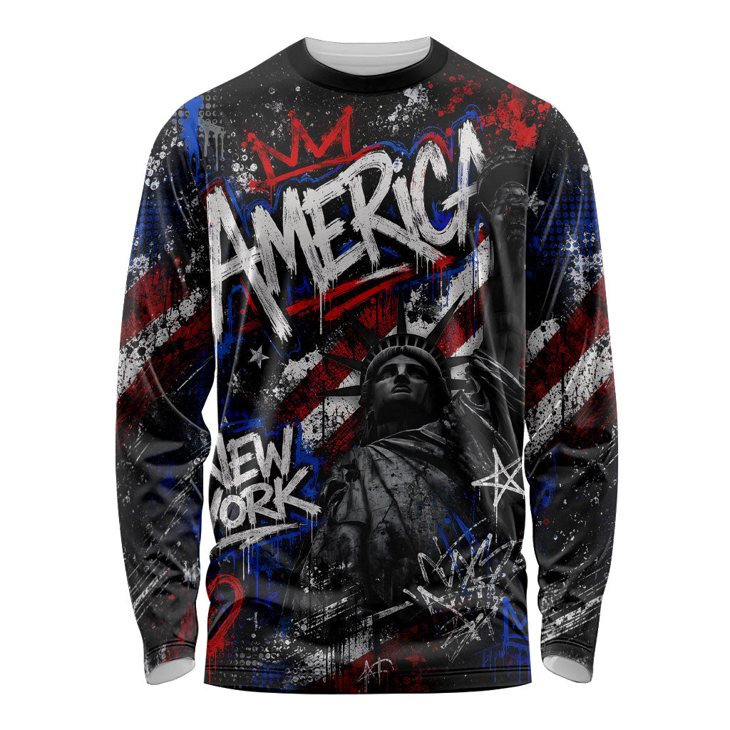 Personalized America New York Statue Of Liberty Long Sleeve Shirt Dark Grunge American Flag Graffiti Street Art