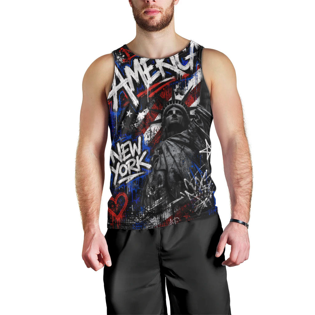 Personalized America New York Statue Of Liberty Men Tank Top Dark Grunge American Flag Graffiti Street Art