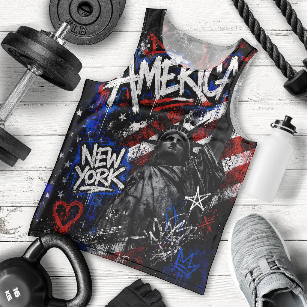 Personalized America New York Statue Of Liberty Men Tank Top Dark Grunge American Flag Graffiti Street Art