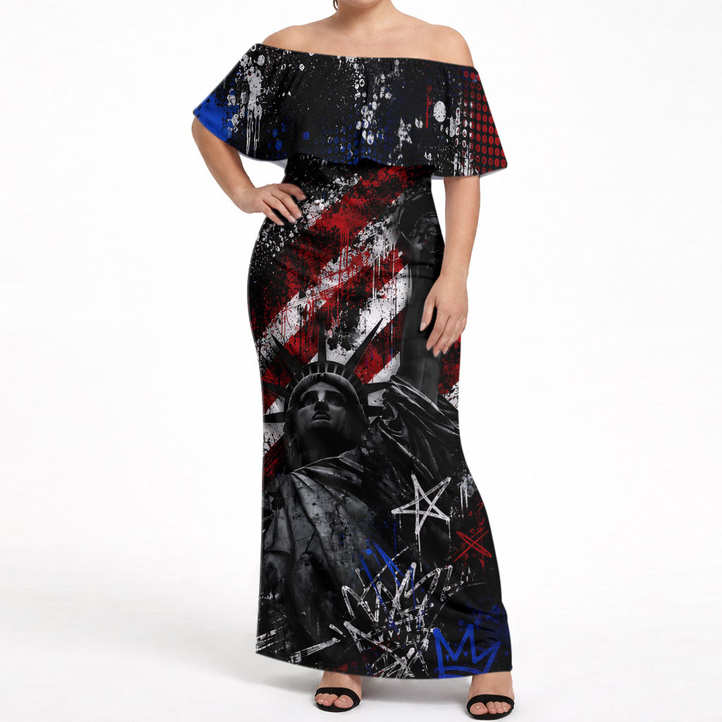 Personalized America New York Statue Of Liberty Off Shoulder Maxi Dress Dark Grunge American Flag Graffiti Street Art