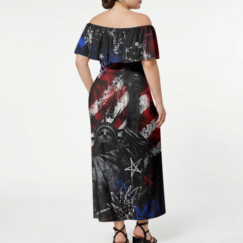 Personalized America New York Statue Of Liberty Off Shoulder Maxi Dress Dark Grunge American Flag Graffiti Street Art