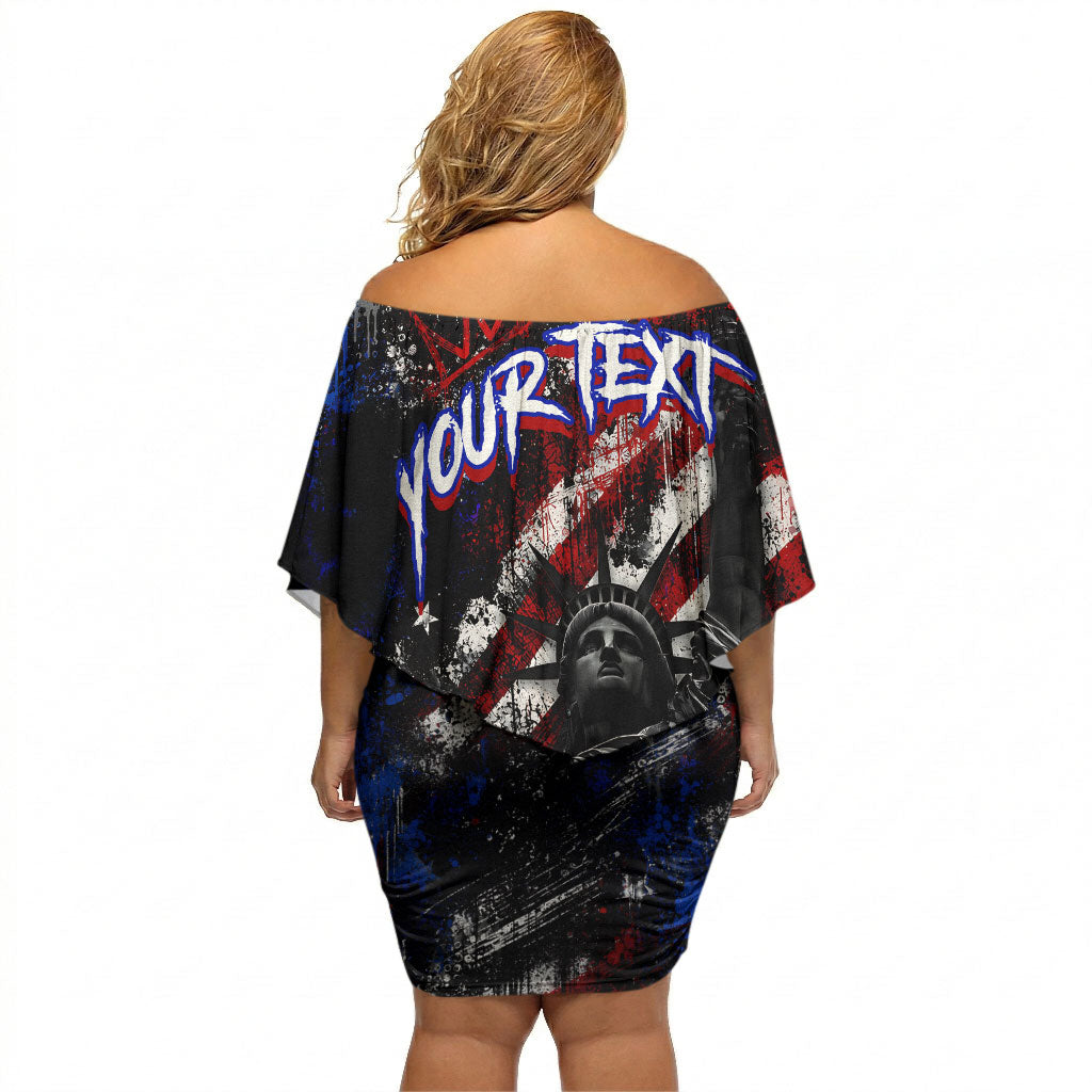 Personalized America New York Statue Of Liberty Off Shoulder Short Dress Dark Grunge American Flag Graffiti Street Art