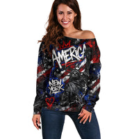 Personalized America New York Statue Of Liberty Off Shoulder Sweater Dark Grunge American Flag Graffiti Street Art