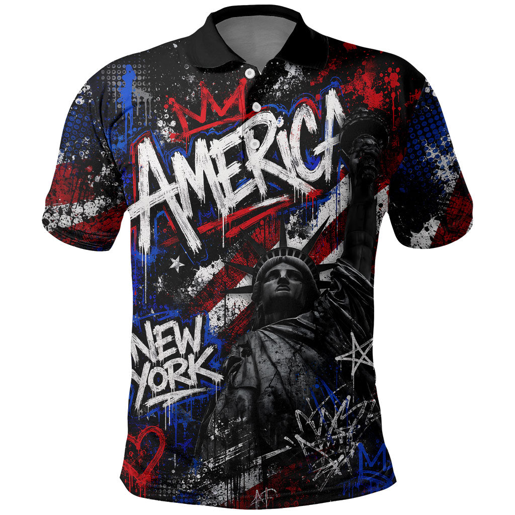 Personalized America New York Statue Of Liberty Polo Shirt Dark Grunge American Flag Graffiti Street Art