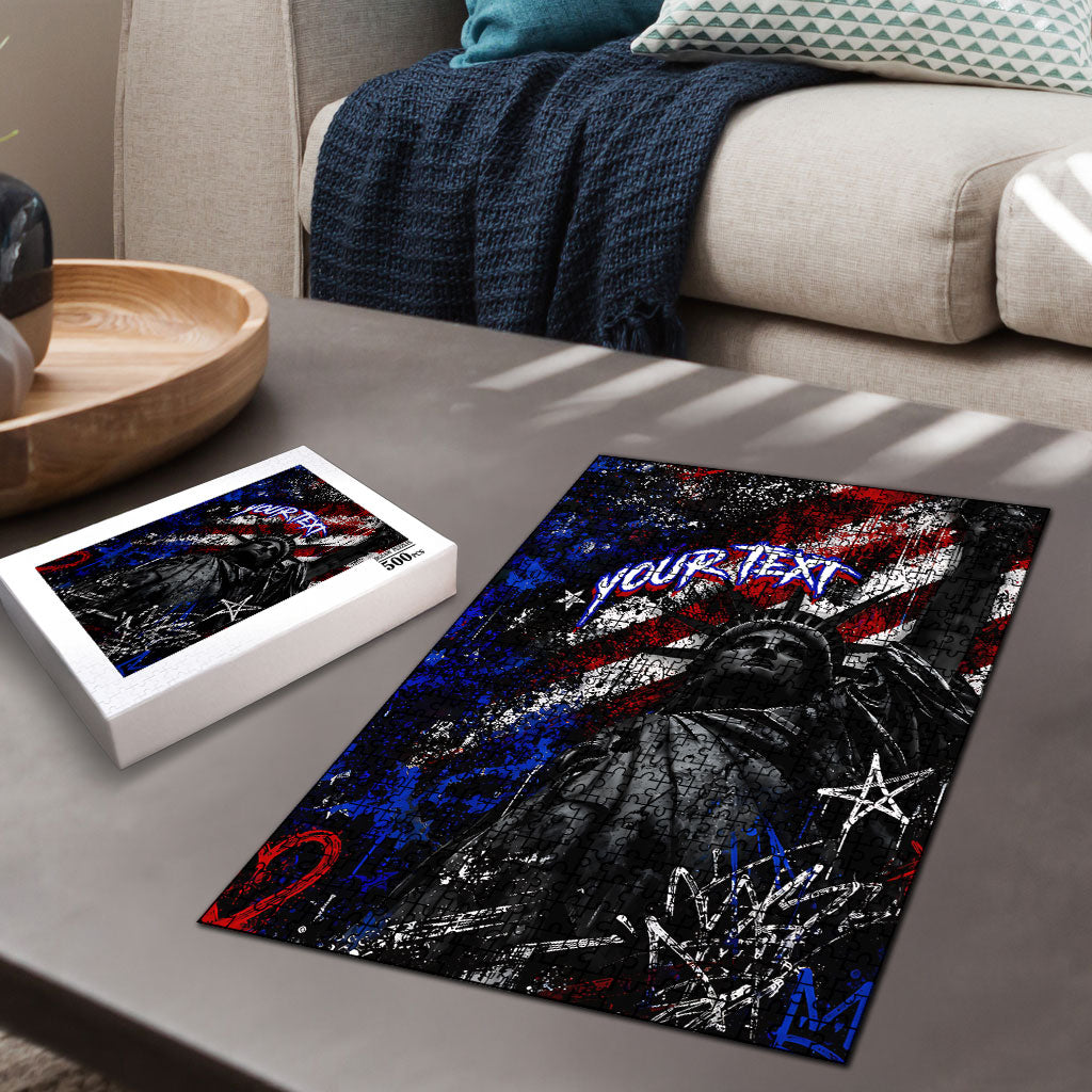 Personalized America New York Statue Of Liberty Puzzle Dark Grunge American Flag Graffiti Street Art