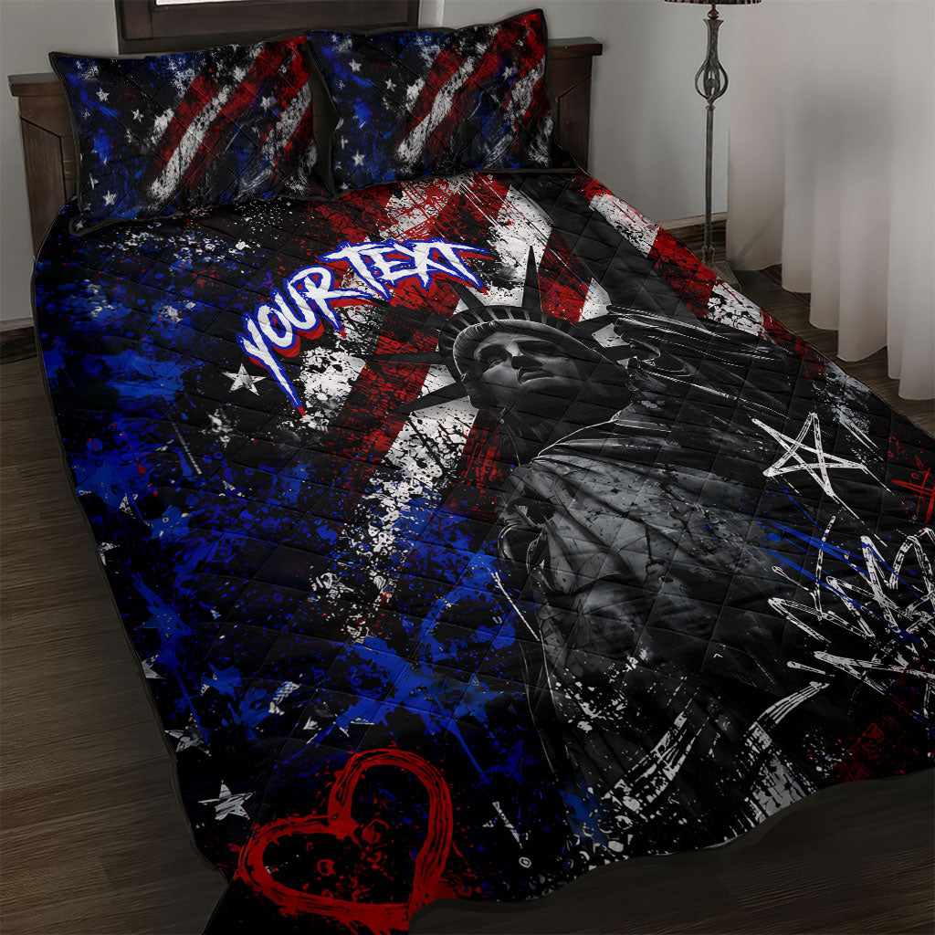 Personalized America New York Statue Of Liberty Quilt Bed Set Dark Grunge American Flag Graffiti Street Art