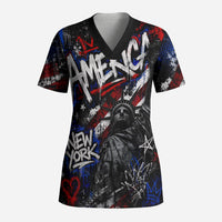 Personalized America New York Statue Of Liberty Scrub Top Dark Grunge American Flag Graffiti Street Art