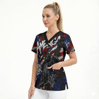 Personalized America New York Statue Of Liberty Scrub Top Dark Grunge American Flag Graffiti Street Art