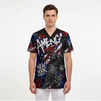 Personalized America New York Statue Of Liberty Scrub Top Dark Grunge American Flag Graffiti Street Art