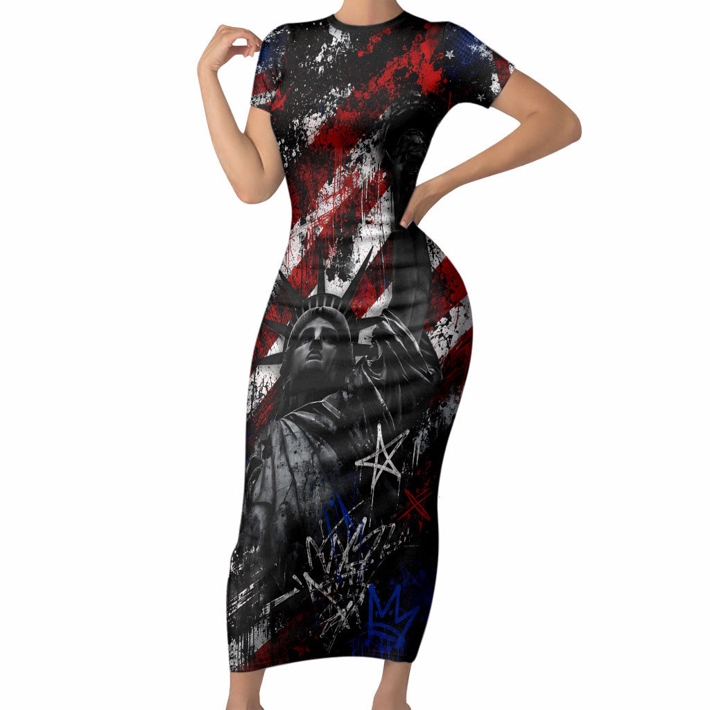 Personalized America New York Statue Of Liberty Short Sleeve Bodycon Dress Dark Grunge American Flag Graffiti Street Art