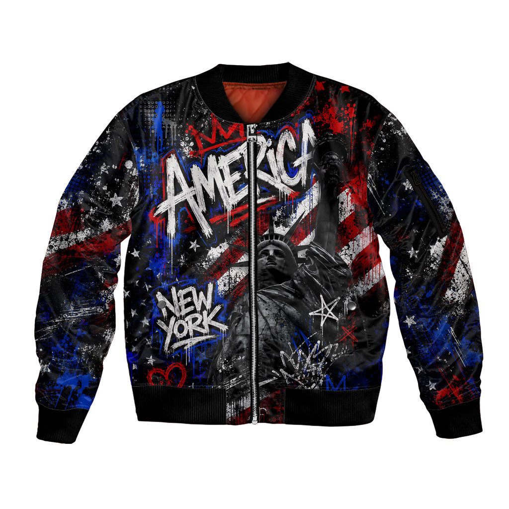 Personalized America New York Statue Of Liberty Sleeve Zip Bomber Jacket Dark Grunge American Flag Graffiti Street Art