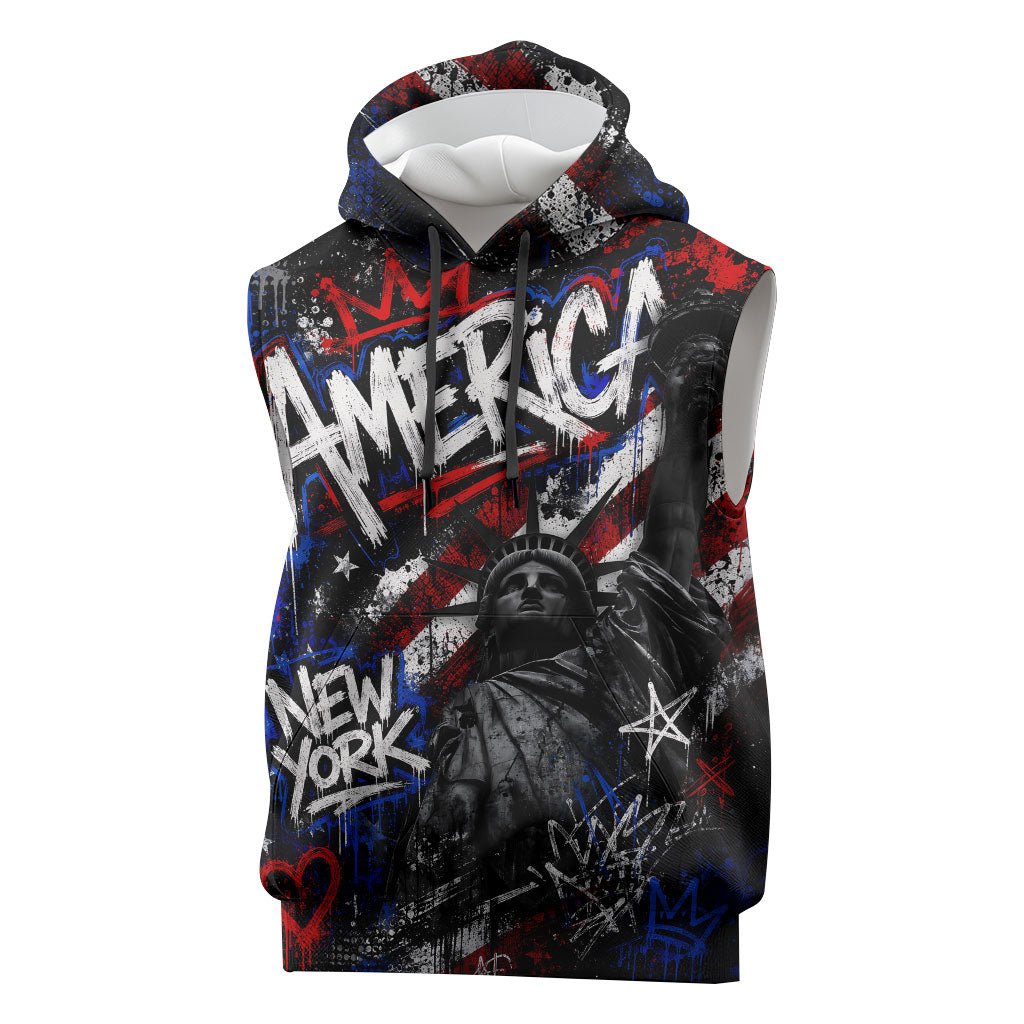 Personalized America New York Statue Of Liberty Sleeveless Hoodie Dark Grunge American Flag Graffiti Street Art