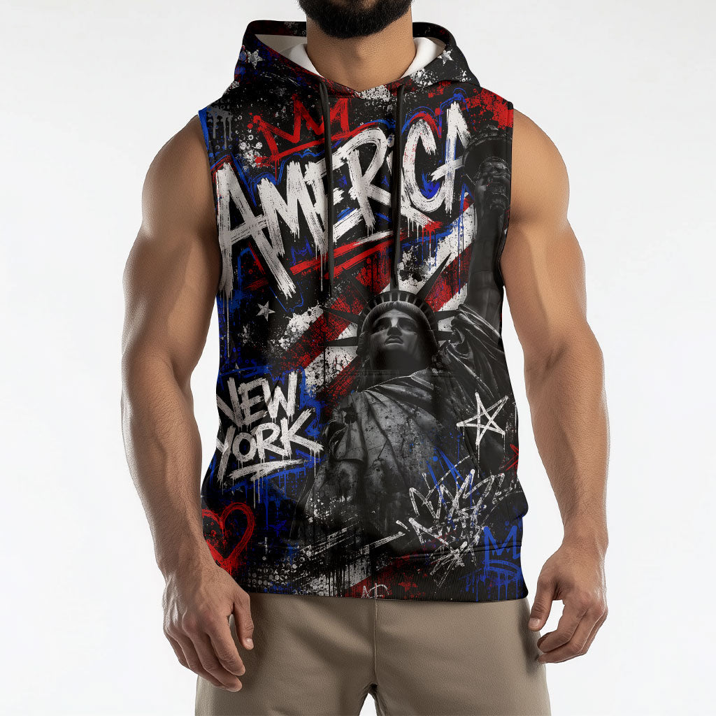 Personalized America New York Statue Of Liberty Sleeveless Hoodie Dark Grunge American Flag Graffiti Street Art