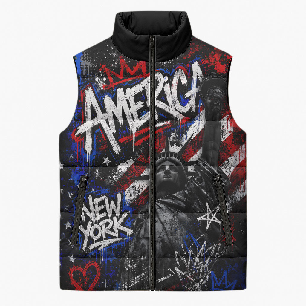 Personalized America New York Statue Of Liberty Sleeveless Puffer Jacket Dark Grunge American Flag Graffiti Street Art