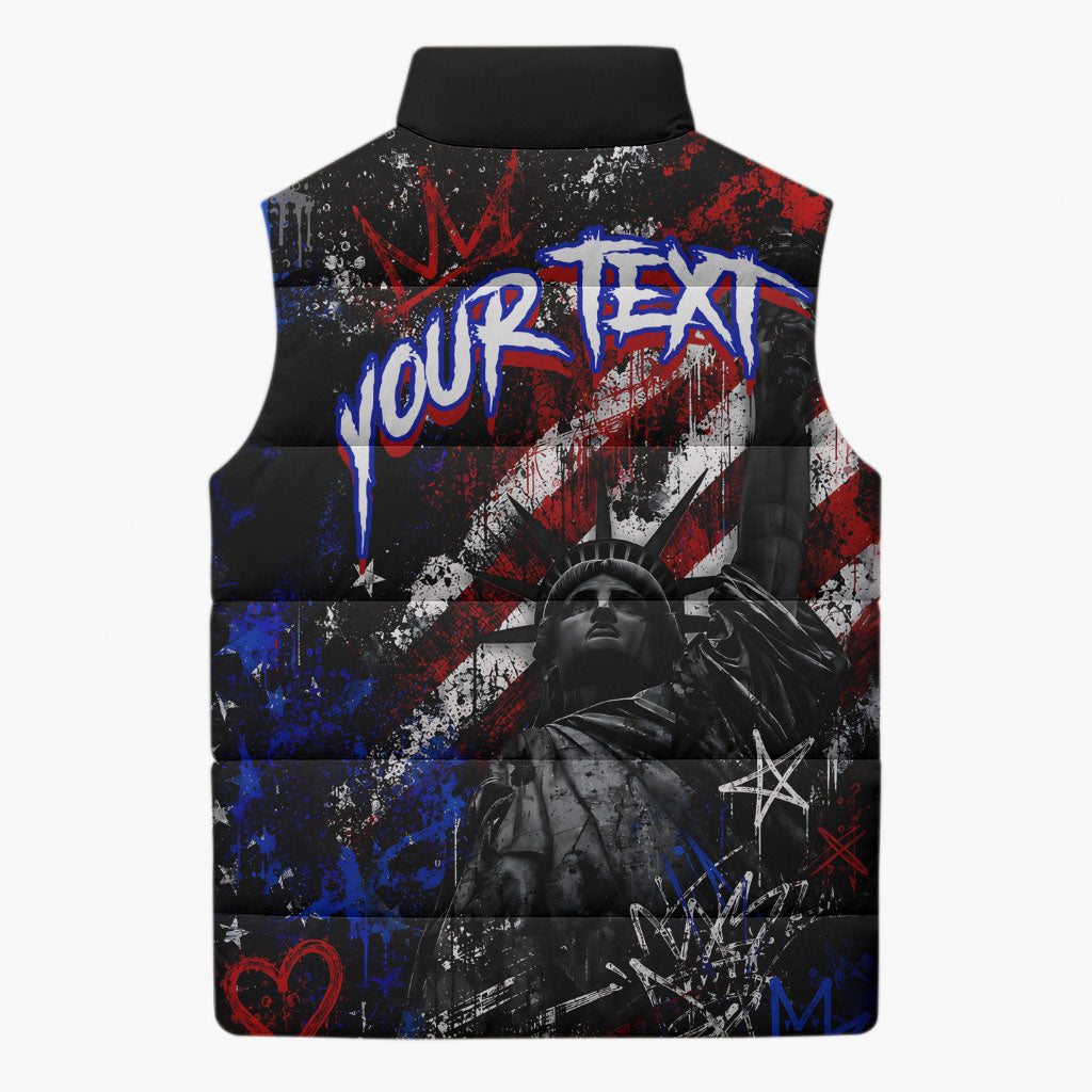Personalized America New York Statue Of Liberty Sleeveless Puffer Jacket Dark Grunge American Flag Graffiti Street Art