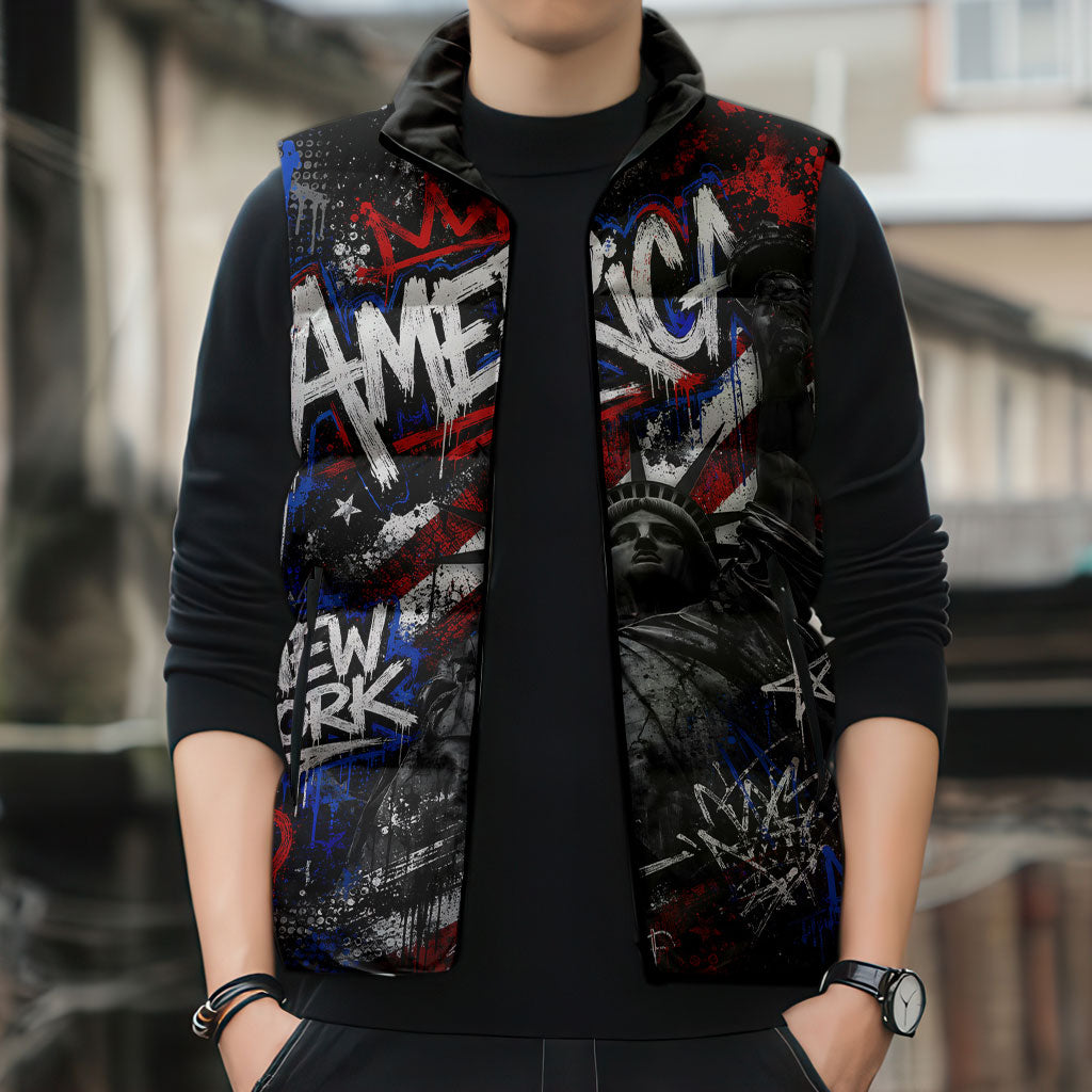 Personalized America New York Statue Of Liberty Sleeveless Puffer Jacket Dark Grunge American Flag Graffiti Street Art