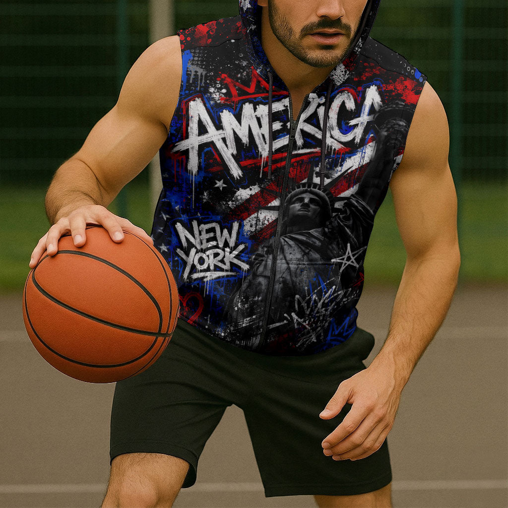 Personalized America New York Statue Of Liberty Sleeveless Zip Hoodie Dark Grunge American Flag Graffiti Street Art