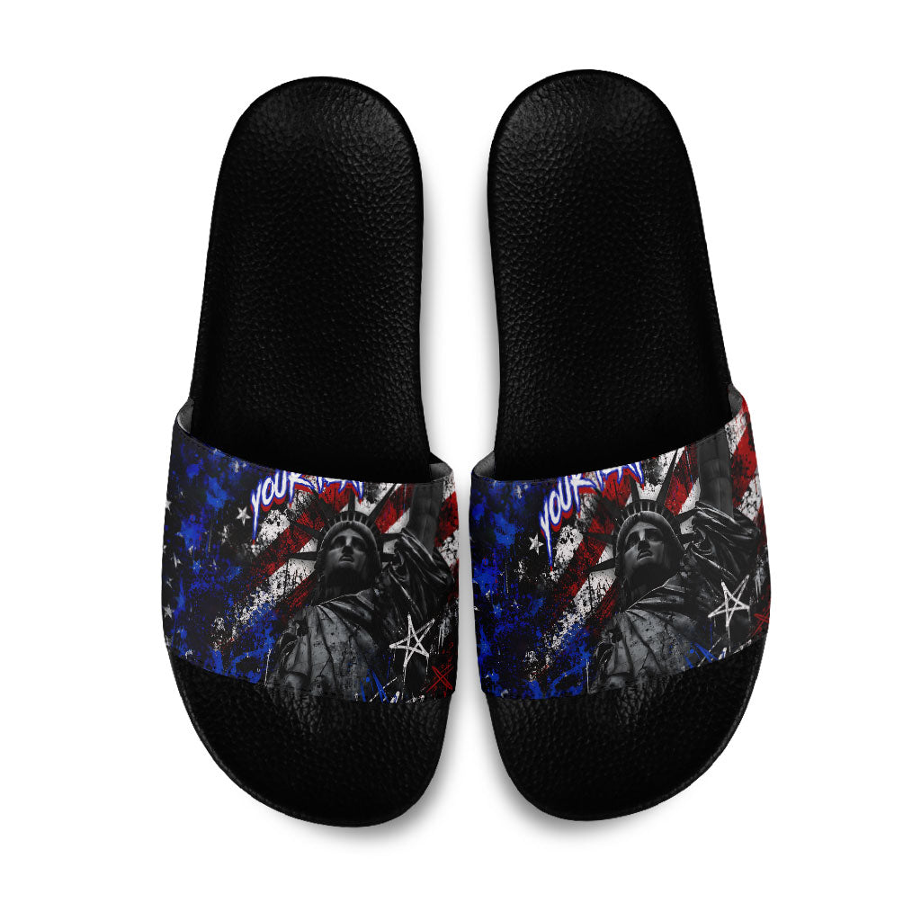Personalized America New York Statue Of Liberty Slide Sandals Dark Grunge American Flag Graffiti Street Art