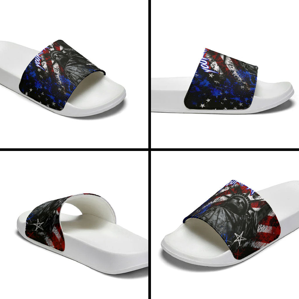 Personalized America New York Statue Of Liberty Slide Sandals Dark Grunge American Flag Graffiti Street Art