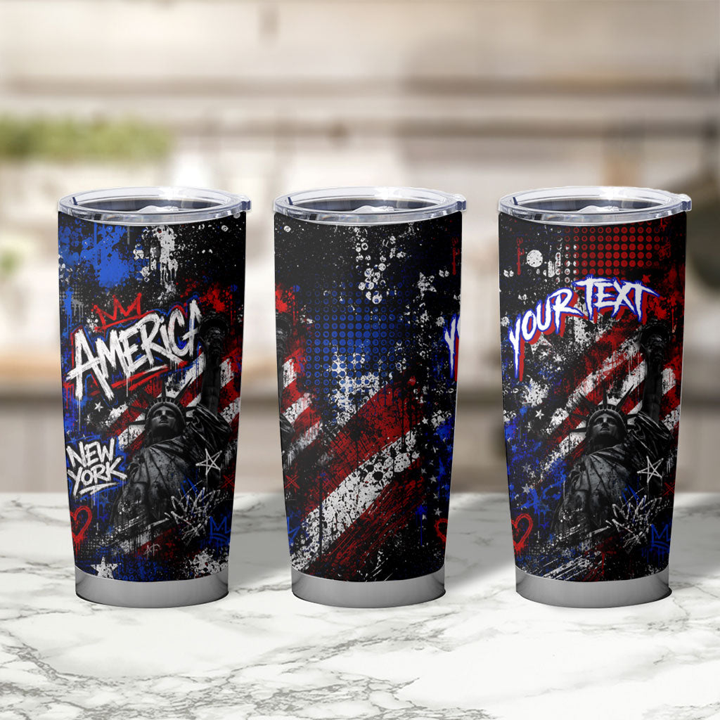 Personalized America New York Statue Of Liberty Tumbler Cup Dark Grunge American Flag Graffiti Street Art