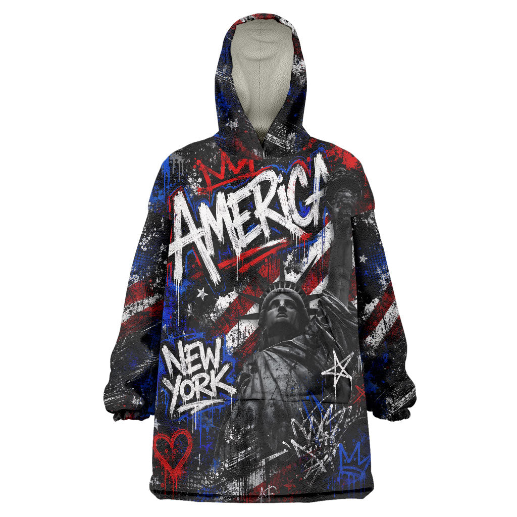 Personalized America New York Statue Of Liberty Wearable Blanket Hoodie Dark Grunge American Flag Graffiti Street Art