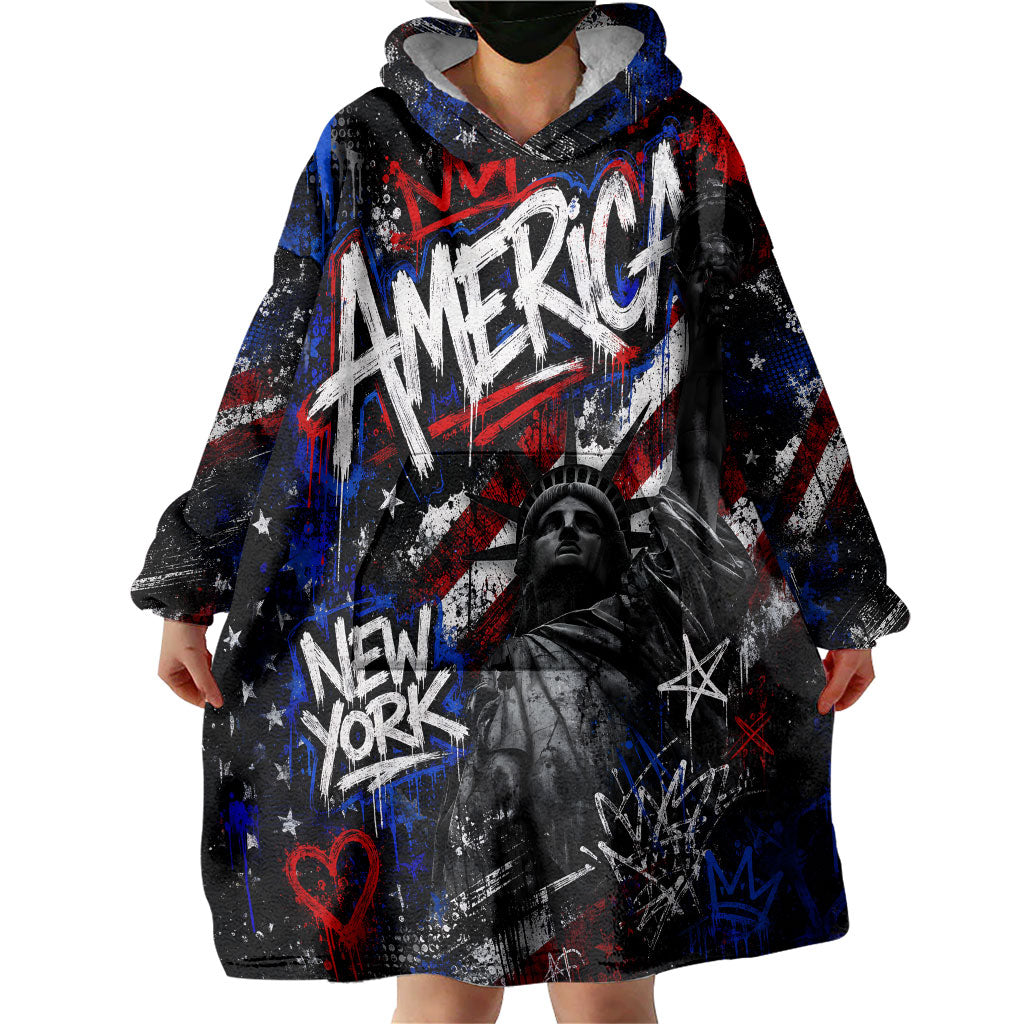 Personalized America New York Statue Of Liberty Wearable Blanket Hoodie Dark Grunge American Flag Graffiti Street Art