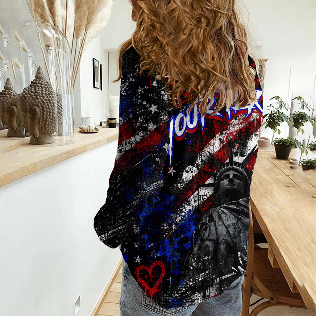 Personalized America New York Statue Of Liberty Women Casual Shirt Dark Grunge American Flag Graffiti Street Art