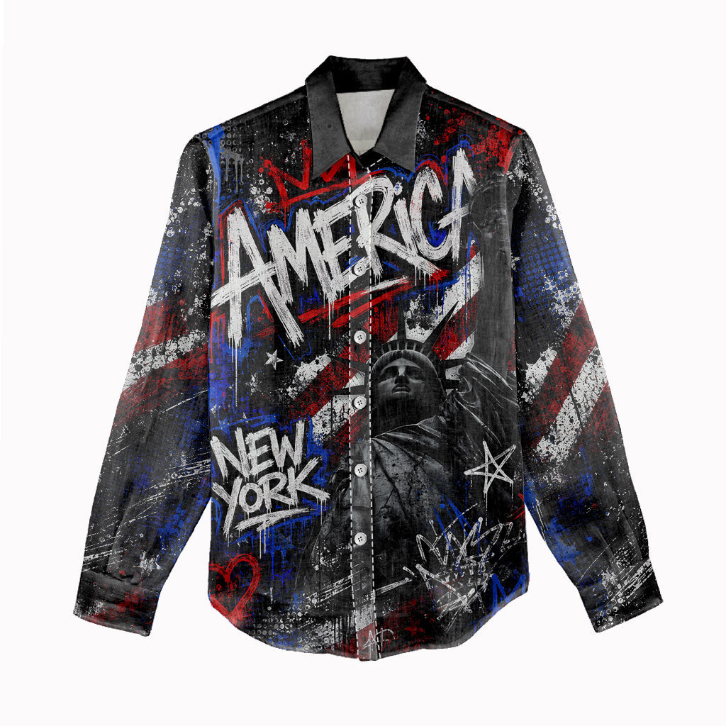 Personalized America New York Statue Of Liberty Women Casual Shirt Dark Grunge American Flag Graffiti Street Art