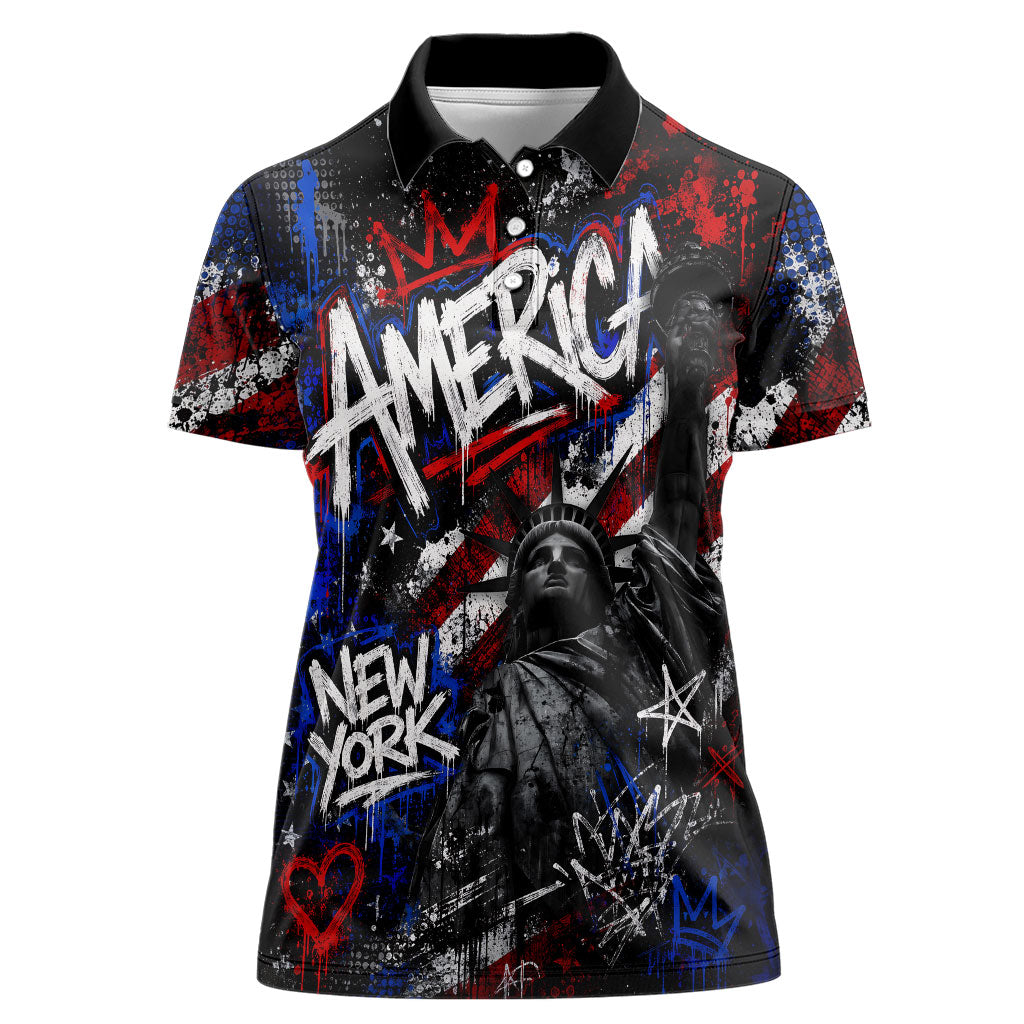 Personalized America New York Statue Of Liberty Women Polo Shirt Dark Grunge American Flag Graffiti Street Art