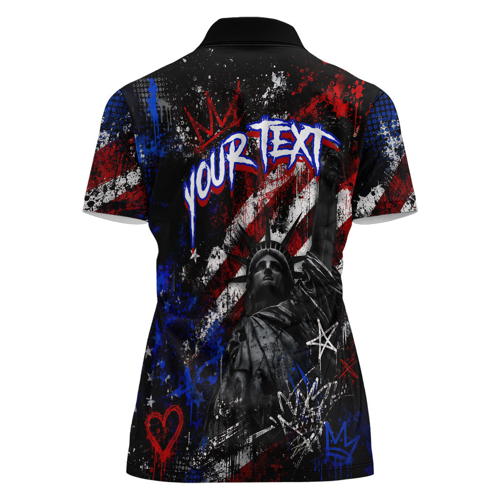 Personalized America New York Statue Of Liberty Women Polo Shirt Dark Grunge American Flag Graffiti Street Art