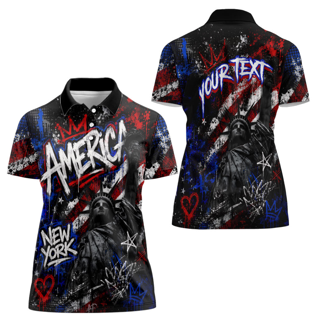 Personalized America New York Statue Of Liberty Women Polo Shirt Dark Grunge American Flag Graffiti Street Art