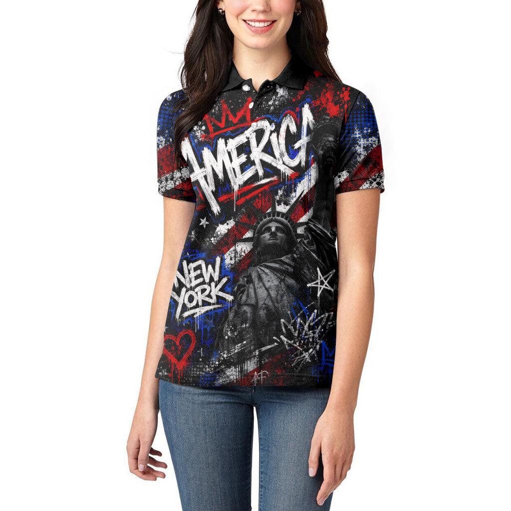 Personalized America New York Statue Of Liberty Women Polo Shirt Dark Grunge American Flag Graffiti Street Art
