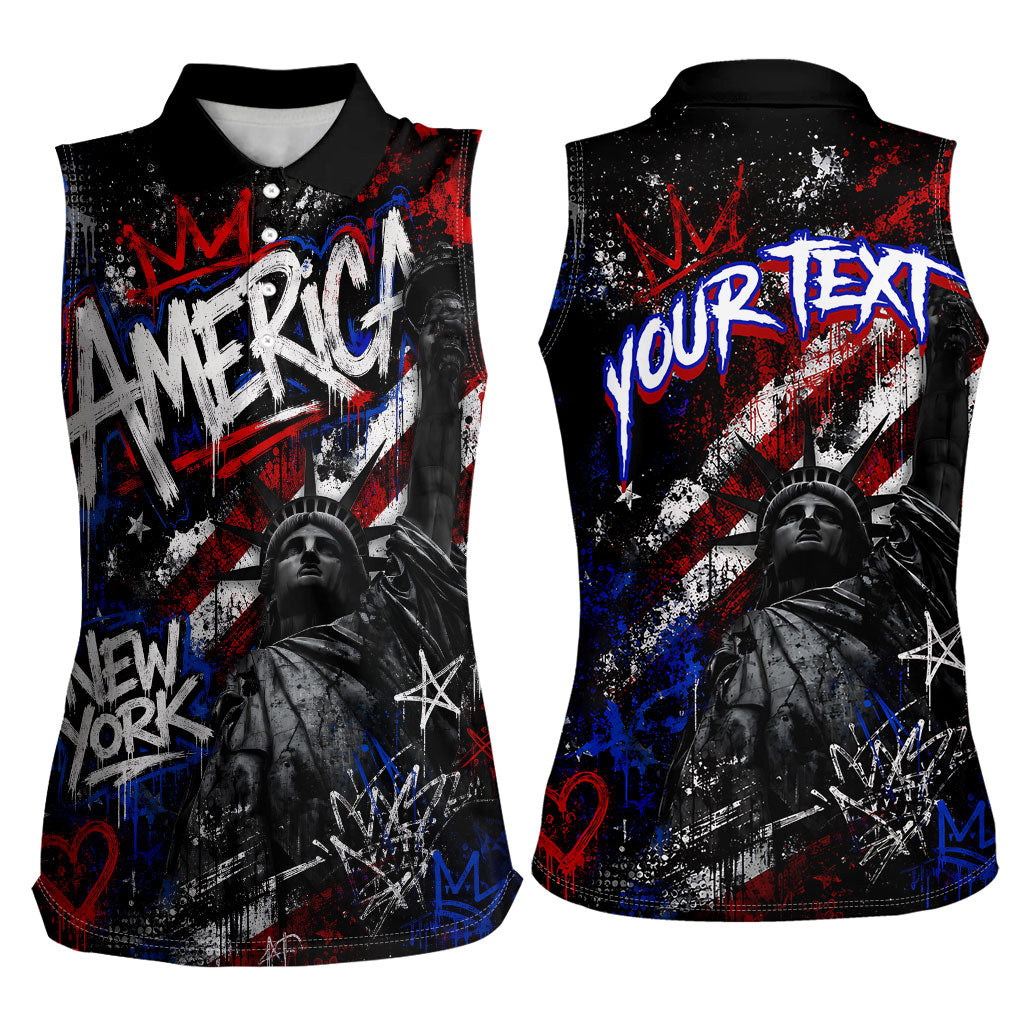 Personalized America New York Statue Of Liberty Women Sleeveless Polo Shirt Dark Grunge American Flag Graffiti Street Art